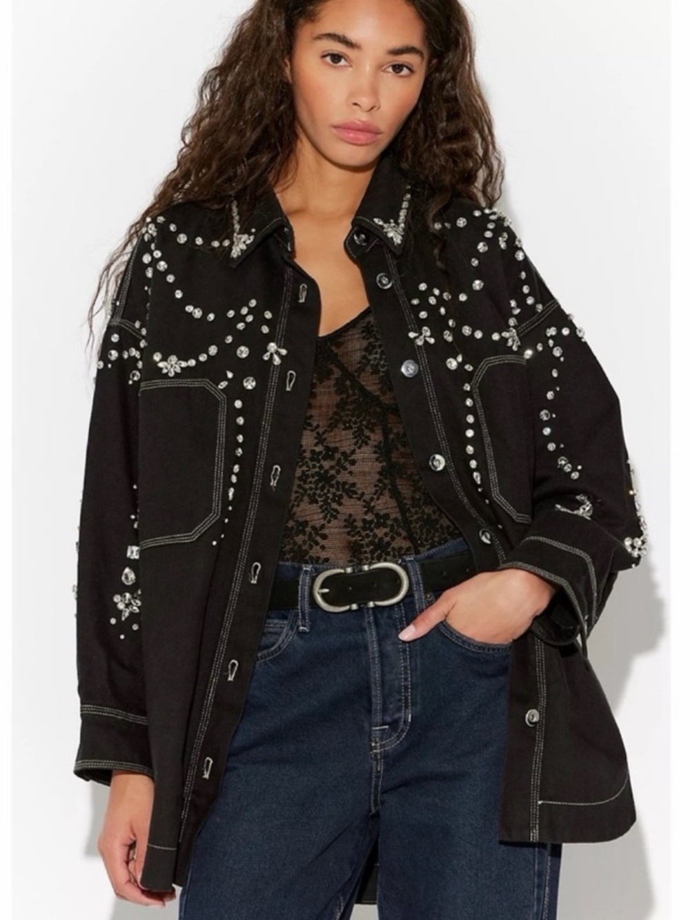 Free People Black Studded Oversized Jean Jacket